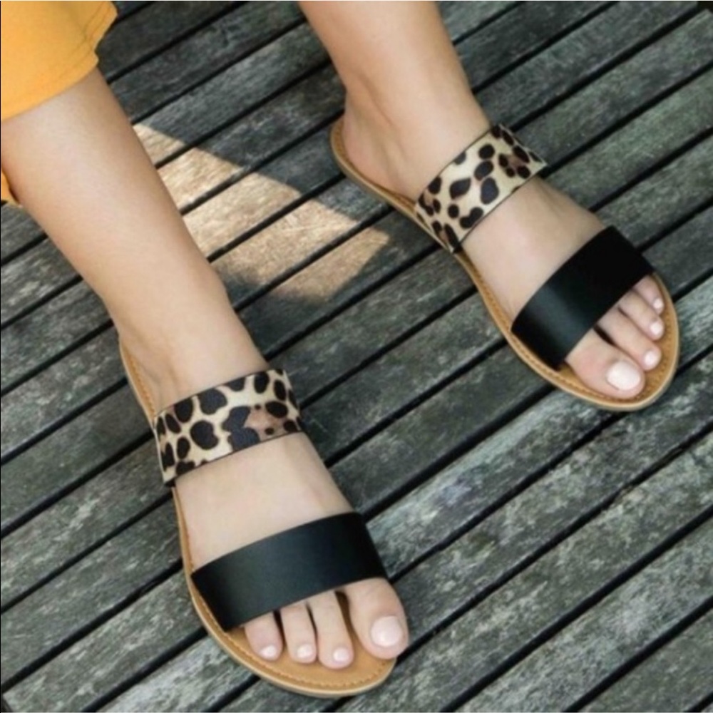 Leopard print slip on sandals